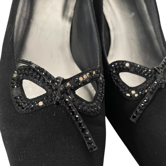 Vintage Stuart Weitzman Kitten Heels Size 6.5 Black Rhinestone Bows Shoes Pumps - Picture 3 of 8